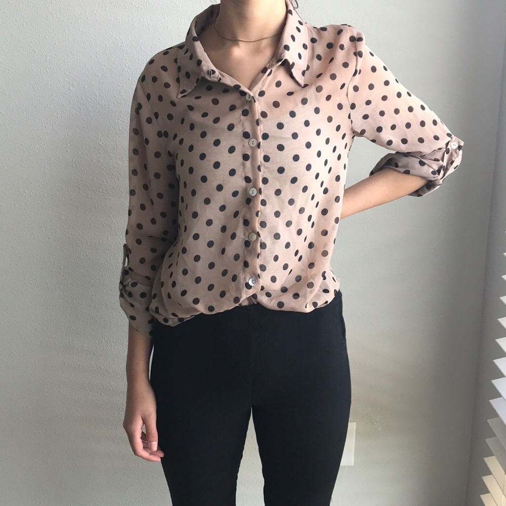 Tan and black polka a dot button up blouse
